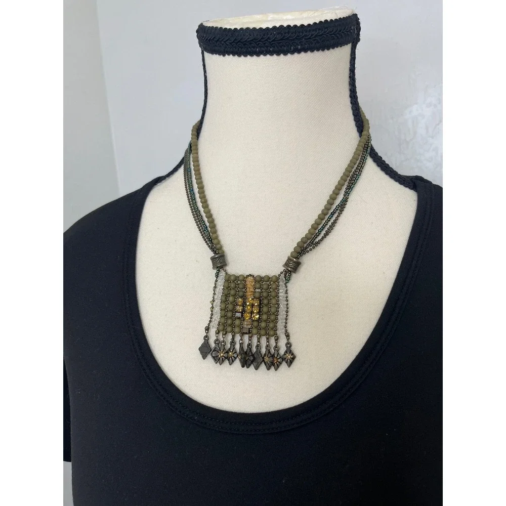 Chico's Bib Necklace Women OS‎ Green Excellent Multi Strand Beaded Boho